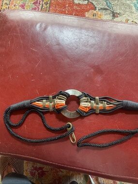 VINTAGE Braided Rope Necklace with Metal Ring and Orange Accents, 37” long